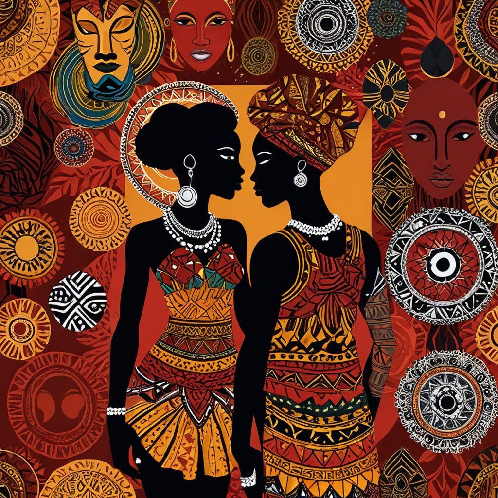 A vibrant and intricate collage showcasing various forms of African adult content, highlighting sensual media and erotica. Include silhouettes of traditional African motifs intertwined with modern elements of intimacy, such as couples in embrace, artistic representations of eroticism, and elements like drums and textiles symbolizing cultural heritage. Use warm colors to evoke passion and allure, set against a soft-focus background that enhances depth and intrigue. vibrant colors. super-realistic.