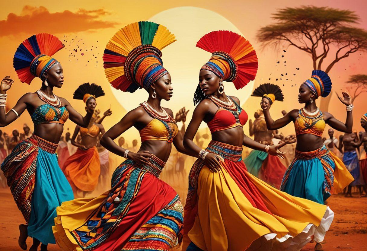 A vibrant collage showcasing key elements of African entertainment: traditional dancers adorned in colorful attire, modern artists performing in front of an enthusiastic crowd, and symbols of sexuality represented through abstract art. The background features a blend of African landscapes with dynamic colors representative of celebrations. Elements like music notes and hearts are subtly incorporated to symbolize love and expression. The overall vibe should be celebratory and positive. vibrant colors. mixed media.